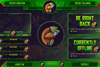 design a custom twitch overlay, offline screen,panels,alerts