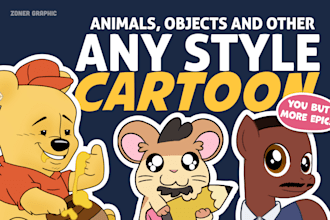 raw custom cartoon portraits of animals, objects, and more