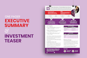 design one pager executive summary, investment teaser or capability statement