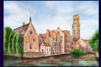 draw landscape architecture art in watercolor style