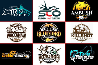 create a modern adventure fishing outdoor and hunting logo