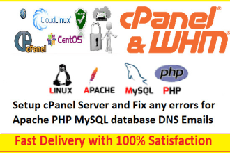 setup cpanel server and fix any errors for apache php mysql database dns emails