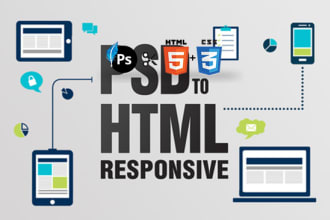 convert psd to html, css, scss, less, bootstrap, jquery