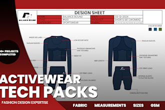 design activewear techpack and mockups for manufacturing