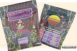 create mylar bag design for weed packaging, trippy and cartoony illustrations