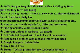 manually build social bookmarking links from 22+ pr9 to pr5 sitesâœ”diff ipsâœ”location and niche specific accntsâœ”pingingâœ”rss submit and more