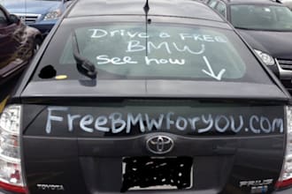 drive my toyota Prius in the dc metro area during am or pm rush hour with your website message or ad chalked on rear or side glass