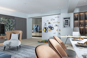 do 3d interior design rendering of bedroom, kitchen, and living room