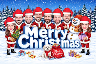 draw a christmas caricature for your family, team, or group