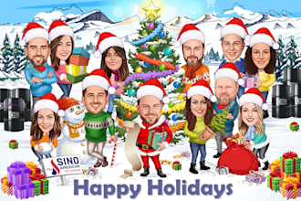 create a christmas cartoon caricature for your company staff