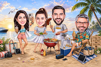 draw a custom family caricature and a summer themed cartoon