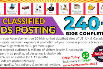 post your ads on 20 high ranked classified sites with proof