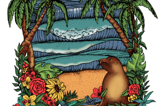 draw tropical paradise custom artwork of coastel flora fauna