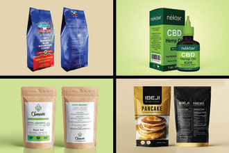 design amazon product packaging label, coffee pouch bag, box, bottle