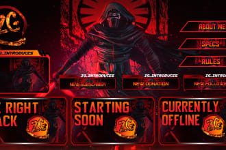 design twitch overlay, panels, screens,face cam mascot logo
