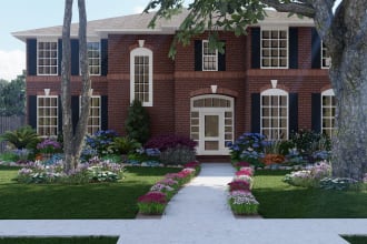 design landscape, front n backyard, pool, and patio in 3d