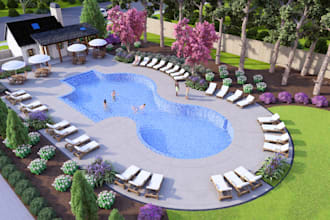 design backyard, pool, patio, outdoor landscape 3d rendering