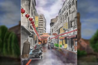paint landscape architecture in digital chinese art style
