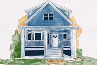 draw and sketch watercolor of house human and animal faces