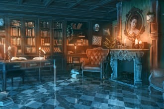 do concept art or 3d background for a game, visual novel, or stream