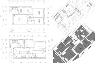 draw floor plan from hand sketch with dimensions,labels and 3d model