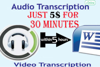 transcribe audio to text, video transcription or audio transcription in 5 hours
