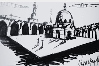 sketch any architecture building or scene in black and white