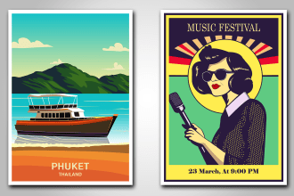 create illustrated vintage retro poster or flyer for travel art deco wall art