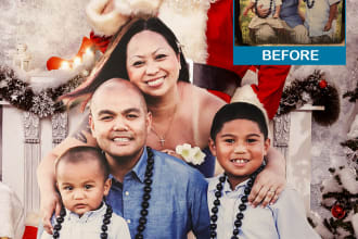 do photoshop editing put santa hat and christmas bg