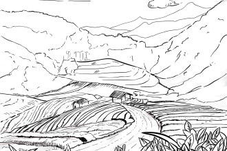 create landscape art, nature illustration design ,ink