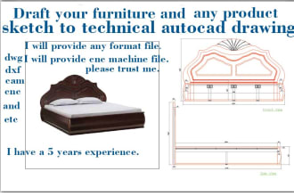 draft your furniture and any product sketch to technical autocad drawing