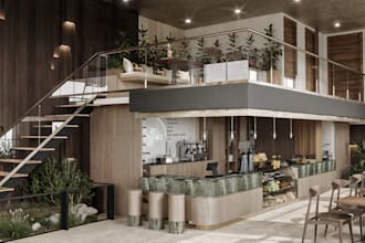 design your coffee shop layout and interior in realistic 3d