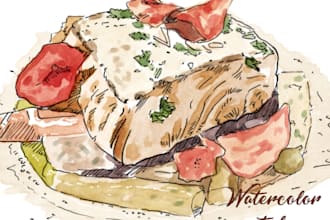 create hand drawn watercolor food illustrations for menu and branding