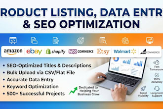 do product listing, data entry and SEO optimization for amazon, ebay, shopify