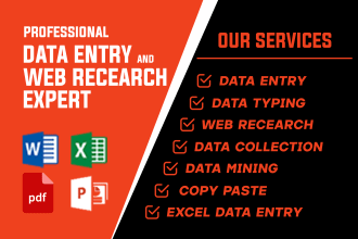 be your virtual assistant for data entry, web research, excel data, typing job