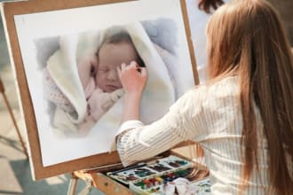 make your photo as street artist painting on the easel in a day