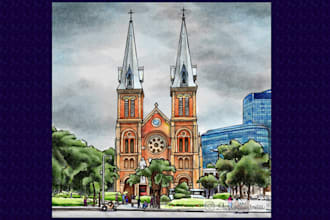illustrate a scenery architecture in ink watercolor style