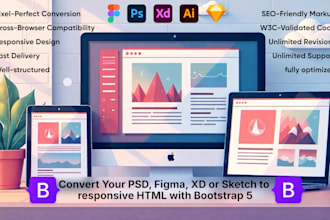 convert PSD, figma, xd, sketch to responsive HTML with bootstrap 5