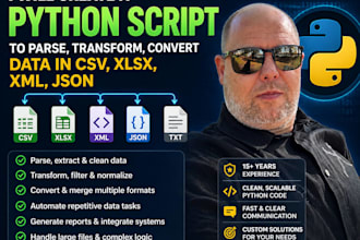 create a python script to parse, transform, convert data in CSV, xlsx, XML, json