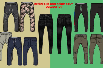 design denim, jeans,  pant wear flat sketch, and tech packs