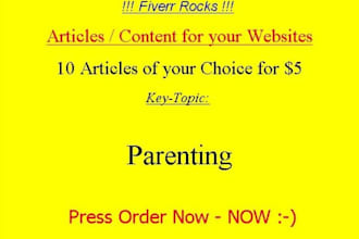 give you the chance to PICK 10 different Parenting Articles as Content for your Website Blog Emails Newsletter with full Rights included