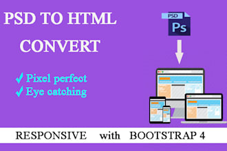 convert psd,xd,png to responsive html using  bootstrap 4