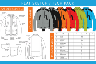 do technical flat sketch, tech pack, cad and garments design