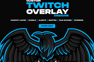 design twitch overlays, stream overlays, twitch logo, panels, alerts, and emotes