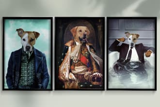 create royal cat dog modern, renaissance digital oil paint pet portrait