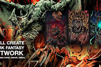 create dark fantasy art illustration for albums cover, merch, tattoo