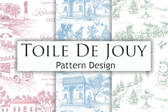 toile de jouy pattern design with vintage textile design hand drawn