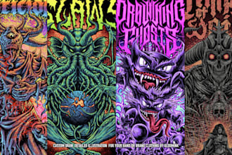 create detailed dark art illustrations for bands and merch