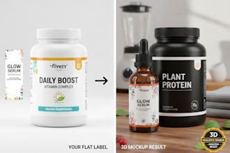 create realistic 3d supplement and bottle mockups