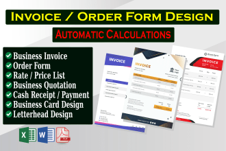 design an auto calculated invoice, order form, price list, or rate sheet